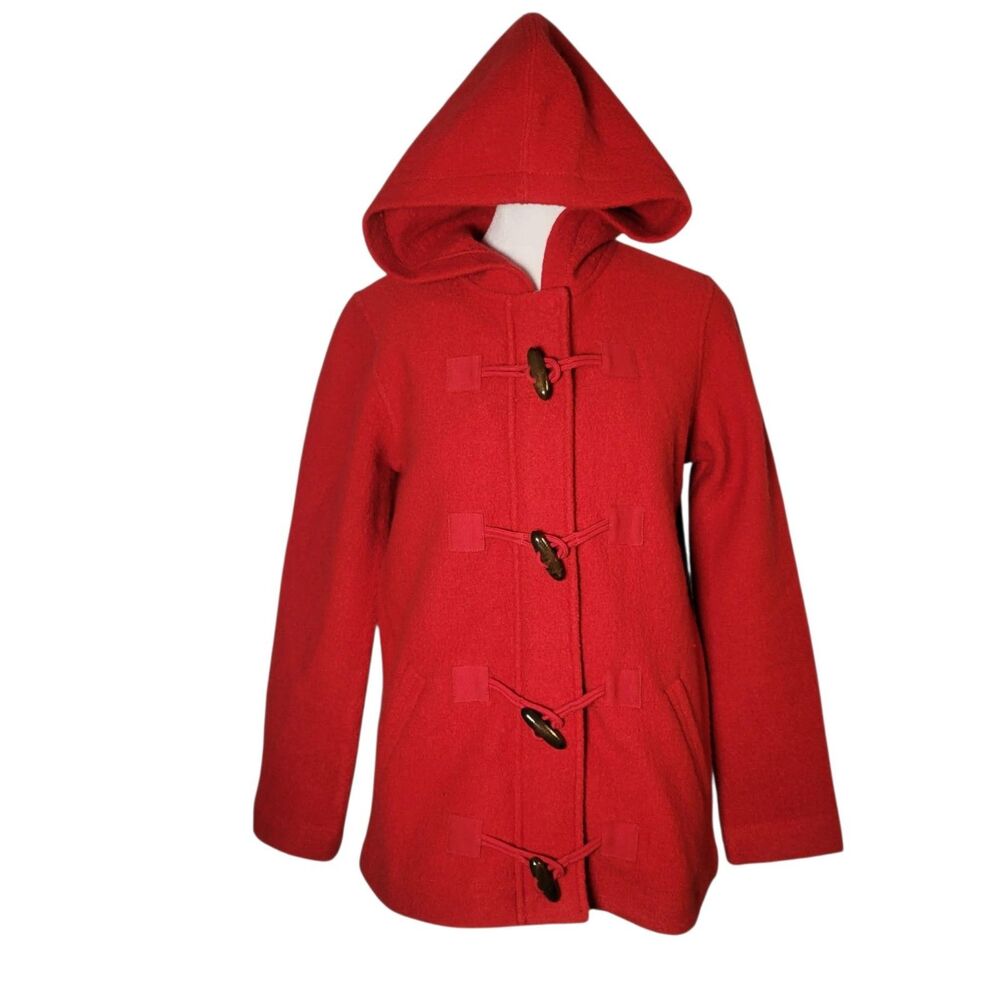 Liz Claiborne Red Wool Hooded Duffle Coat PS Toggle Jacket Gorpcore Academia